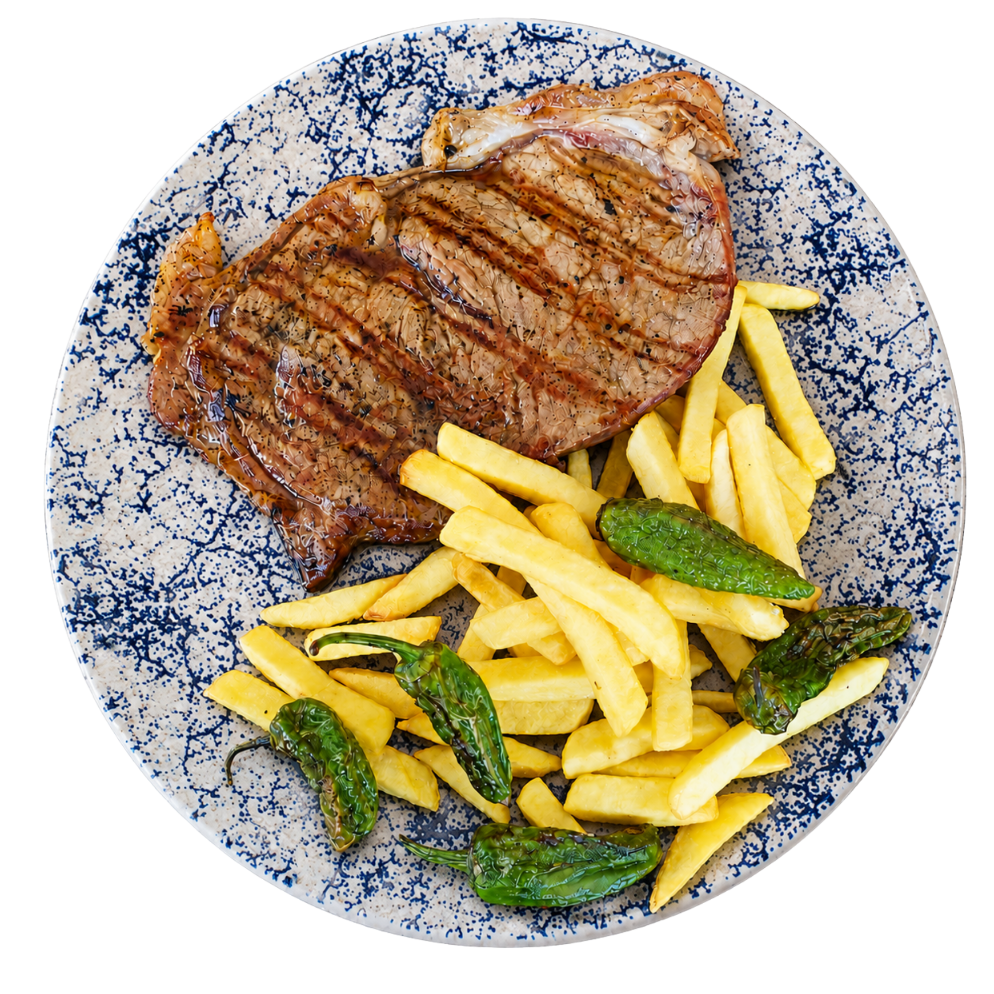 Carne a la brasa con patatas fritas